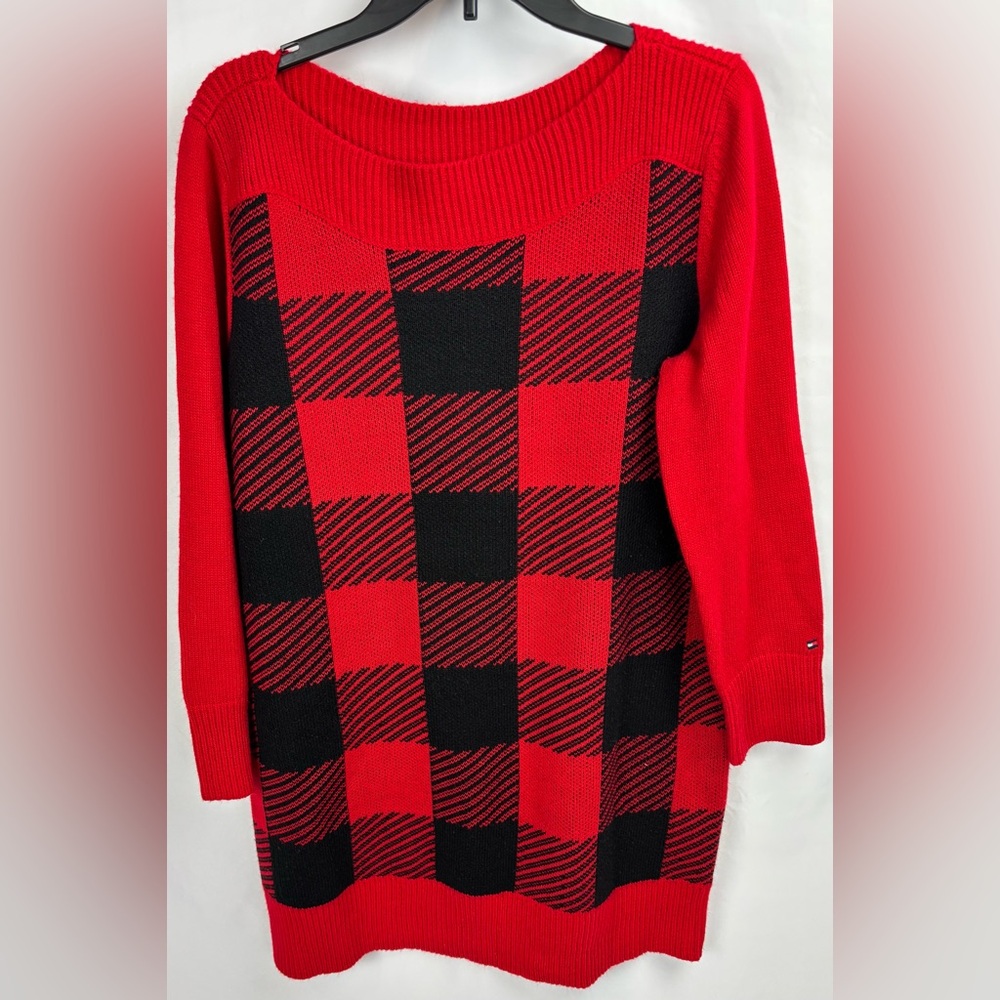 Tommy Hilfiger Red Plaid Long Sleeve Sweater Tunic Holiday Knit Dress Large